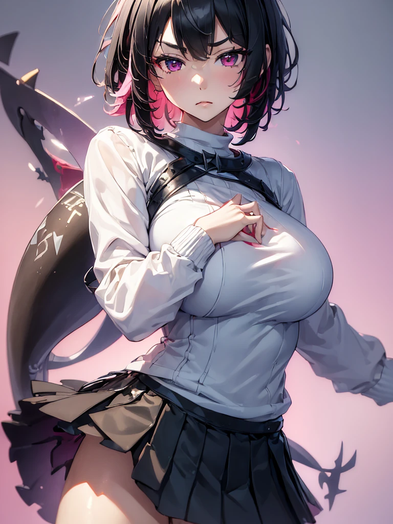 (masterpiece, best quality:1.4), 8k, Ellen Joe, Black Short Hair, Red Highlights, Young adult, anime girl, Annoyed, Glaring, mad, light Pink eye, Big chest, White Sweater, Black Skirt, Shark Tail (detailed eyes and face, sharp pupils, realistic pupils:0.6)