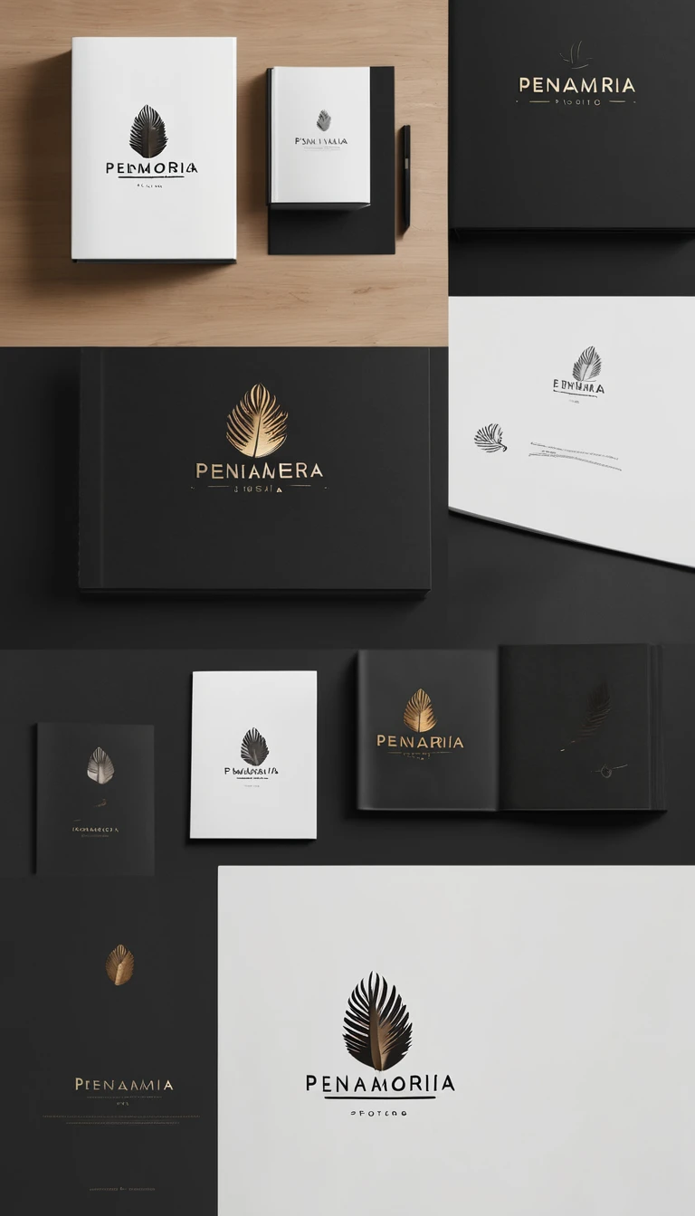 A minimal, modern, simple, cinematic logotype for the brand “Penamemoria". The logotype must be a simple, magical feather and a boy playing acoustic guitar. The logo must convey a sense of music, stories and dreams. Logo design impressed on a book cover. Minimalistic logo