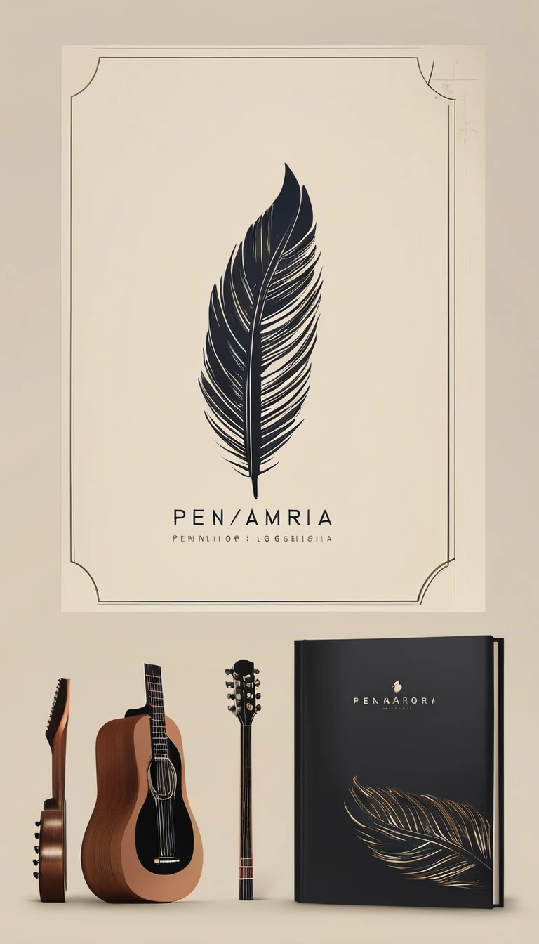 A minimal, modern, simple, cinematic logotype for the brand “Penamemoria". The logotype must be a simple, magical feather and a boy playing acoustic guitar. The logo must convey a sense of music, stories and dreams. Logo design impressed on a book cover. Minimalistic logo