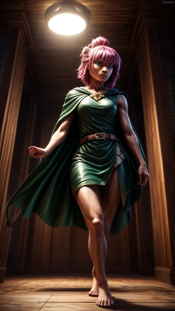 a determined female archer with pink hair and bangs, square cut hairstyle, big blue eyes, arrow holder on the back, wearing a short sleeveless green dress, green cape, barefoot, big leather belt, (best quality,4k,8k,highres,masterpiece:1.2),ultra-detailed,(realistic,photorealistic,photo-realistic:1.37),dynamic point of view,clash royale character,studio lighting,vivid colors,sharp focus