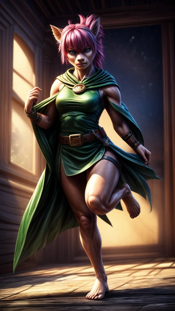 a determined female archer with pink hair and bangs, square cut hairstyle, big blue eyes, arrow holder on the back, wearing a short sleeveless green dress, green cape, barefoot, big leather belt, (best quality,4k,8k,highres,masterpiece:1.2),ultra-detailed,(realistic,photorealistic,photo-realistic:1.37),dynamic point of view,clash royale character,studio lighting,vivid colors,sharp focus