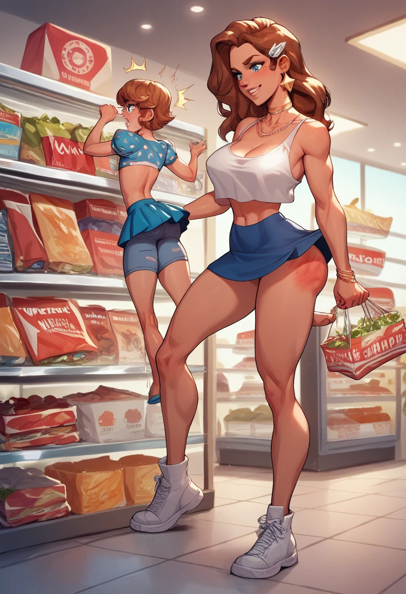 A most Beauty mother-in-law tiny height, , shopping Supermarket brown Hair long hair girly hairpin White knitted crop top ((Mother and daughter have the most beautiful breasts)), micromini skirt squat, broken home, gangs, (masterpiece), best quality, expressive eyes, perfect face, the tearing of clothes of the daughter, many lewd teenhters, unclad, skirt lifted, (red bottom), pinned down, puffy nips, damsel in distress, ((cute body)), (leg spread open),ryona, short, slap mark, dripping, spurting, fight