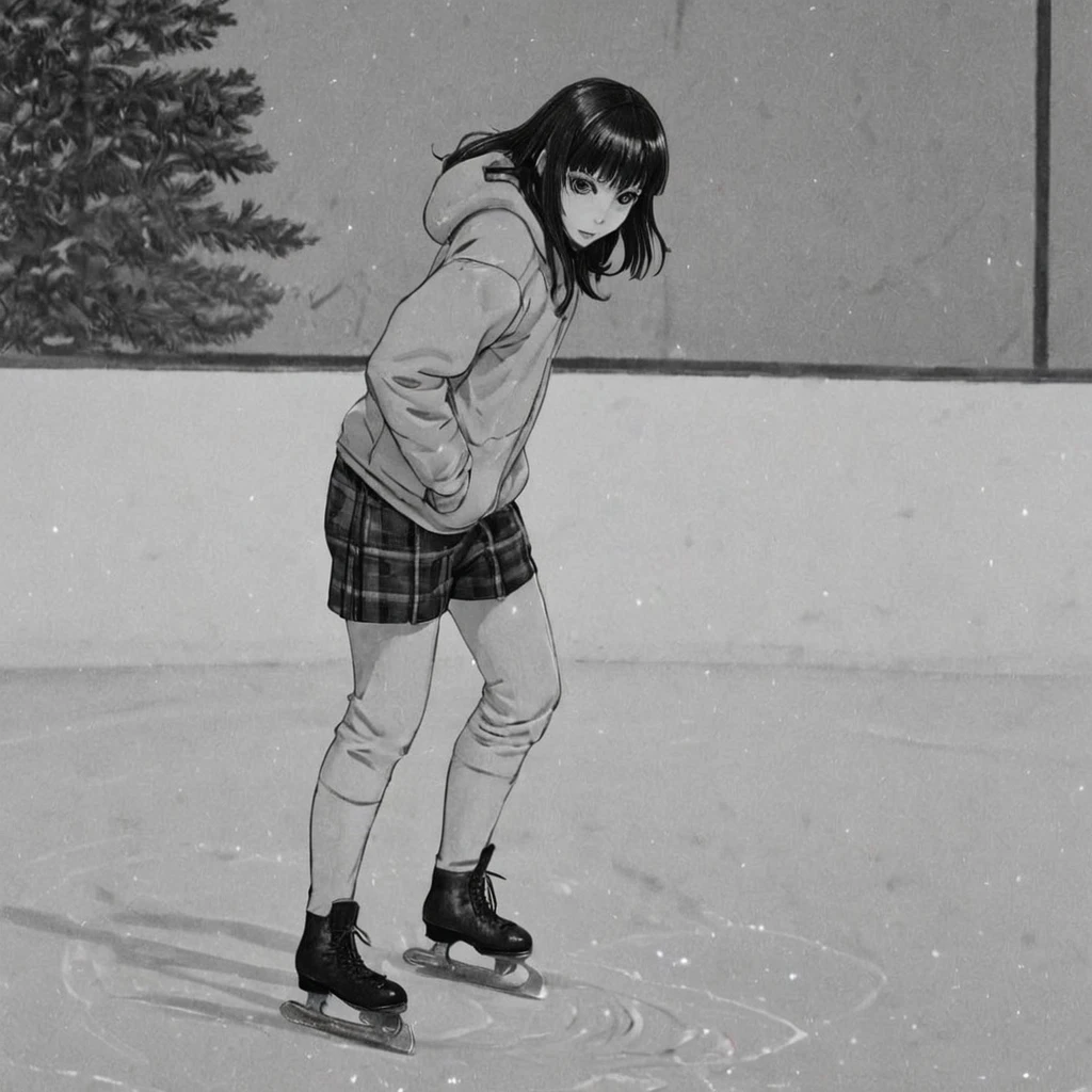 ice skating, fall, (anime), bizarre scenario, This is Junji, Yusuke Murata, black and white, 8K, anime, horror