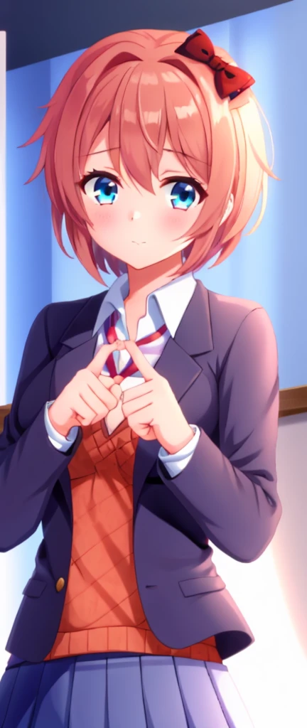 one girl, Sayori, DDLC, Doki Doki Literature Club, hair bow, school blazer, light blue eyes, index fingers together