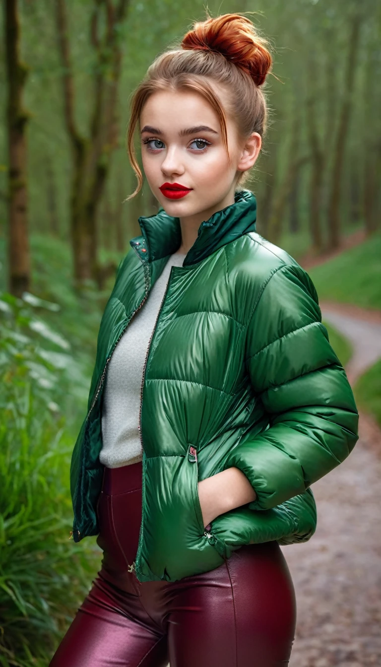 ultrarealistic high quality fullbody photo of a beautiful slim european teen girl with cute hyperdetailed shy face and natural redhead short messy bun and mischievous face, realistic round hazel eyes, red lips, dark eye makeup with eyeliner, wearing shiny green puffer jacket and faux leather leggins, hourglass body, outdoor shooting