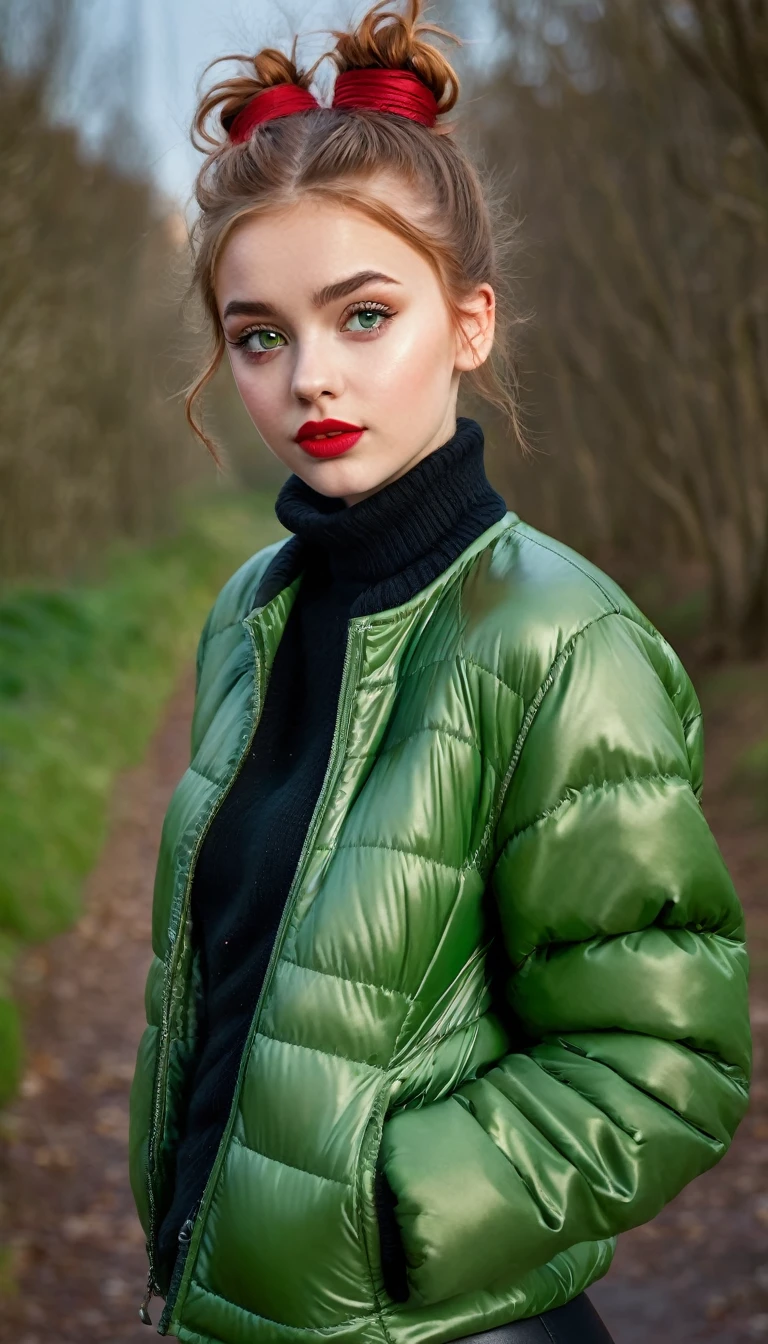 ultrarealistic high quality fullbody photo of a beautiful slim european teen girl with cute hyperdetailed shy face and natural redhead short messy bun and mischievous face, realistic round hazel eyes, red lips, dark eye makeup with eyeliner, wearing shiny green puffer jacket and faux leather leggins, hourglass body, outdoor shooting