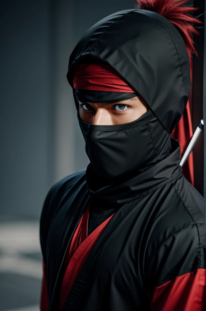 A male anime ninja, with red eyes and black clothes, 4k, HD