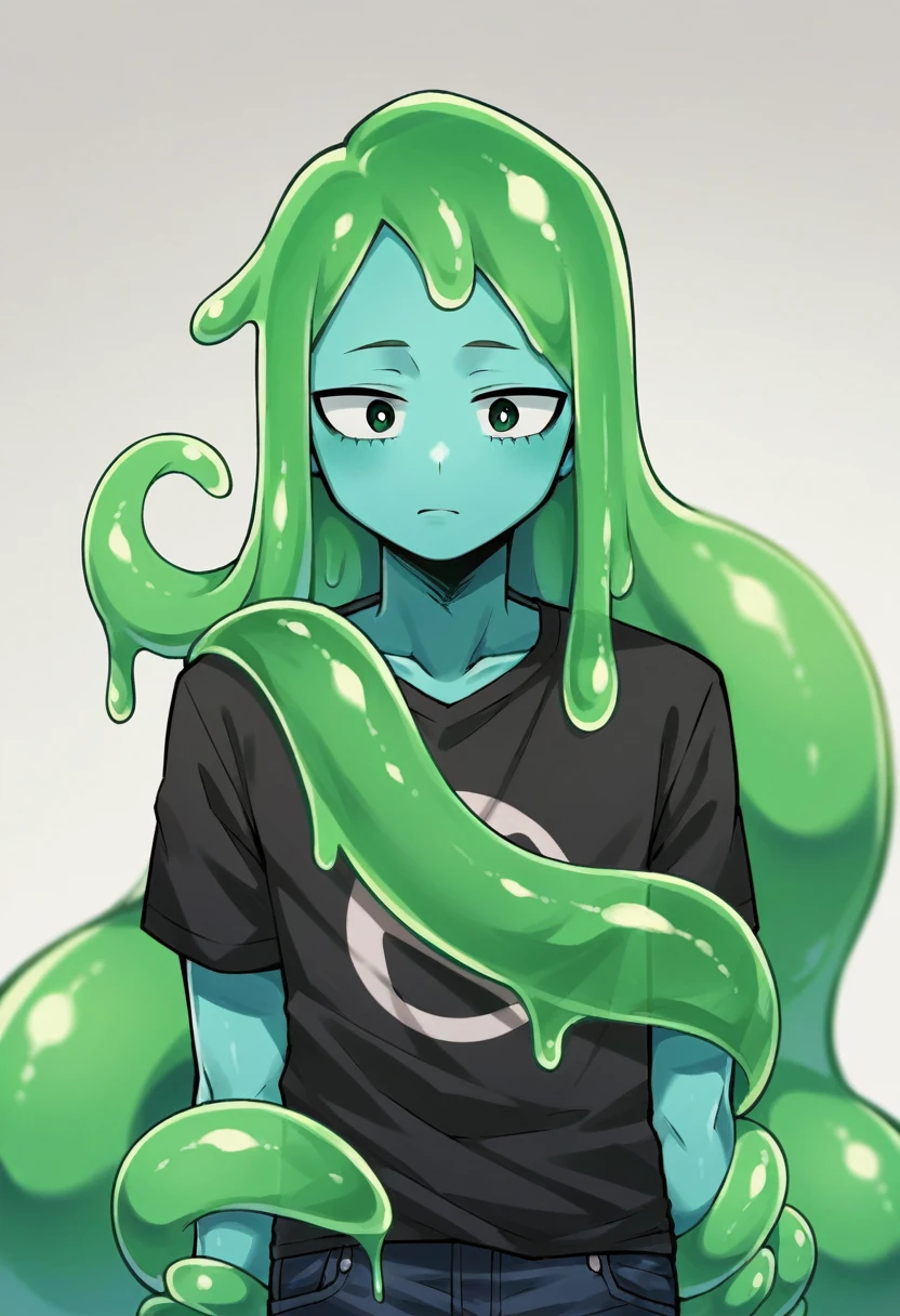 score_9, score_8_up, score_7_up, score_6_up, score_5_up, score_4_up, source_anime, 1Boy, slime Boy, Blue skin, Punk style, Long hair with green tips, tentacles, slime tentacles, slime boy, solo, slimegirlsfw, slime boy, gothic fashion, emo fashion, ripped jeans, slimeboy, my hero academia, tentacles, school, depth of field, LUT, medium close shot, detailed, handsome, cute slime boy. My hero academia school, Tentacle tail.