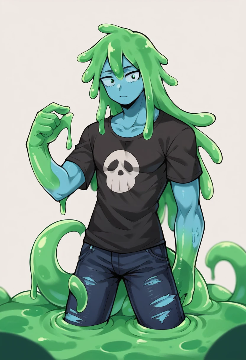 score_9, score_8_up, score_7_up, score_6_up, score_5_up, score_4_up, source_anime, 1Boy, slime Boy, Blue skin, Punk style, Long hair with green tips, tentacles, slime tentacles, slime boy, solo, slimegirlsfw, slime boy, gothic fashion, emo fashion, ripped jeans, slimeboy, my hero academia, tentacles, school, depth of field, LUT,  medium close shot, detailed, handsome, cute slime boy. My hero academia school, Tentacle tail. 