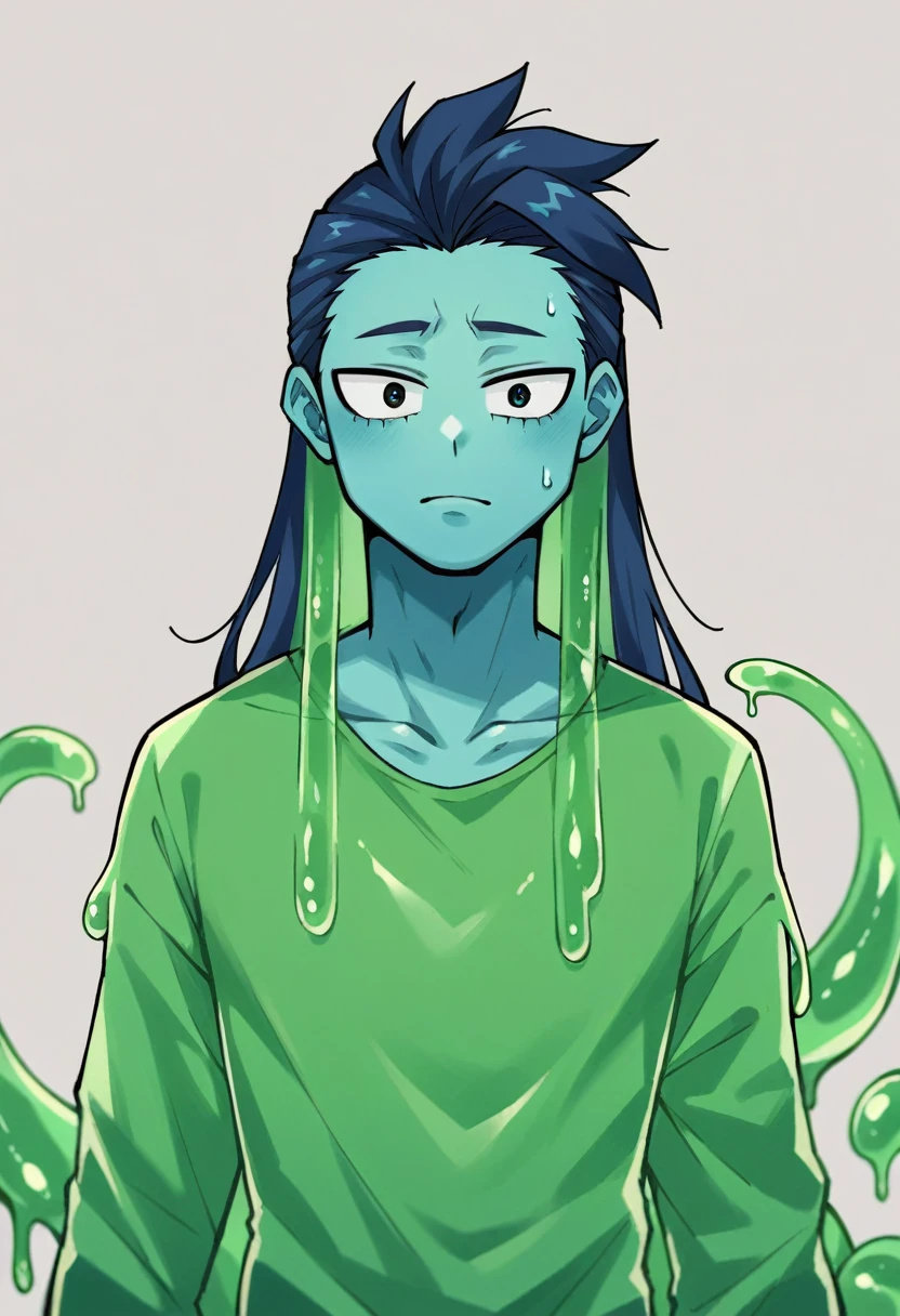 score_9, score_8_up, score_7_up, score_6_up, score_5_up, score_4_up, source_anime, 1Boy, slime Boy, Blue skin, Punk style, Long hair with green tips, tentacles, slime tentacles, slime boy, solo, slimegirlsfw, slime boy, gothic fashion, emo fashion, ripped jeans, slimeboy, my hero academia, tentacles, school, depth of field, LUT,  medium close shot, detailed, handsome, cute slime boy. My hero academia school, Tentacle tail. 