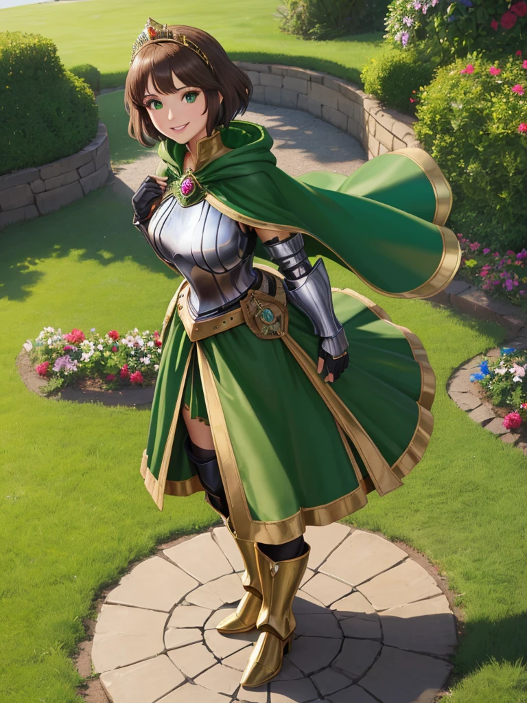 masterpiece, best quality:1.2), 1girl, smile, looking at viewer, green eyes, short brown hair, princess, armor, , pauldrons, armored dress, green cloak cape, wearing puffy blue ballgown skirt, golden tiara with green gem, armored boots, fingerless gloves, standing in medieval garden