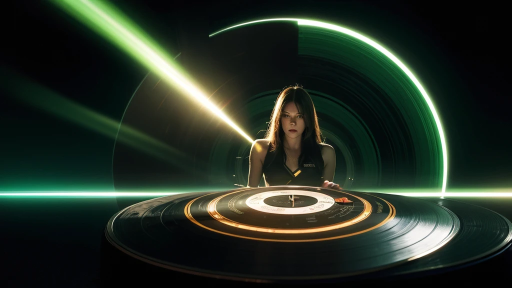 Poster Style,Brighter green frosted background,Vinyl record combined with clock,The record is in the center of the screen.,(Front view of the record),Half record, half clock,Reflecting the sense of time travel,Golden text effect for English title on the right,There is a halo of light around the record similar to a black hole,Extremely high definition picture quality,quality,Real texture,Sci-fi style