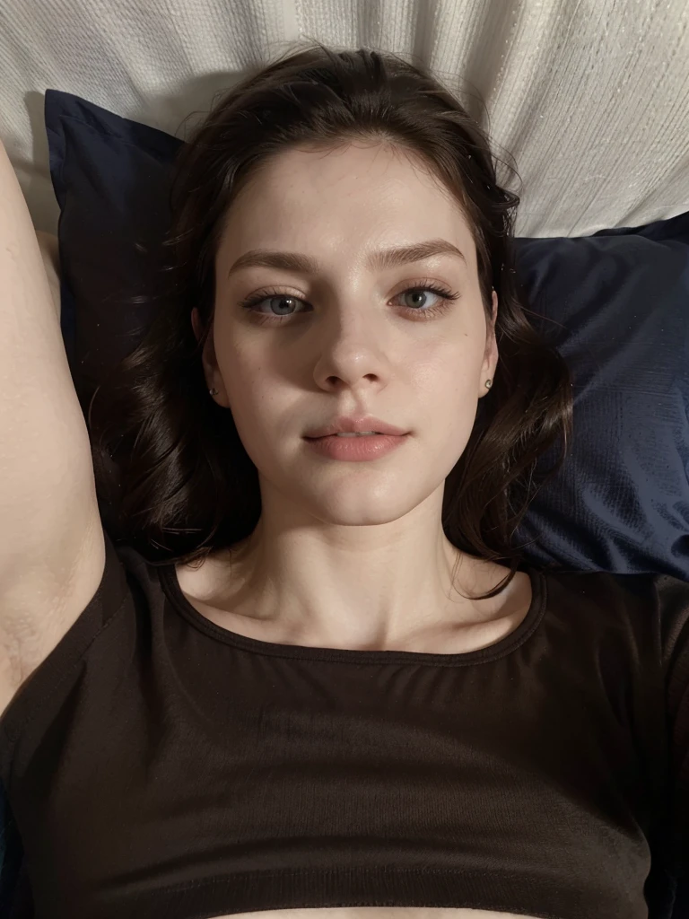 Selfie, Ultrarealistic, (pale skin), dark brown hair, blue crop top, upper body, hotel room, (selfy with front camera), laying down on bed, head on pillow