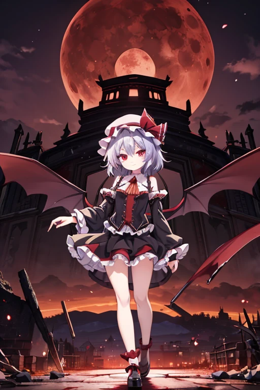 (Remilia Scarlet), loli, skirm, growing red eyes, red full moon, blight red sky, dynamic angle, a castle in background, 8k wallpaper, glowify, more_details:1