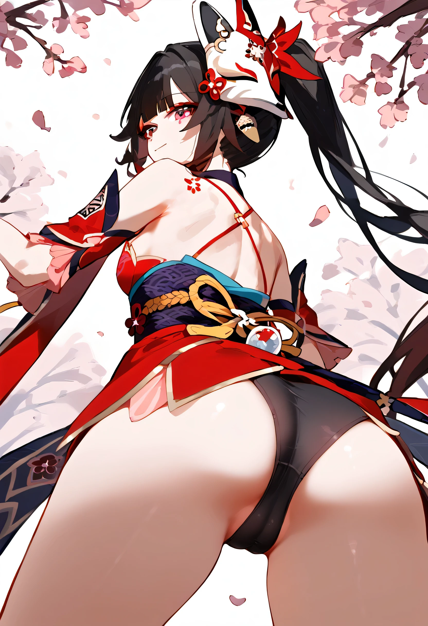 Anime works, score_9, score_8_superior, score_7_superior, score_6_superior, score_5_superior, score_4_superior,Shine \(Honkai: Star Rail\),One girl, Twin tails, Black Hair, Medium chest, Red eyes, Red eyeshadow, Fox Mask Template , , , , , She is 24 years old, , ,Excited, , , , style_3, ,,, floox style, . Sparkle is sleeveless、She is wearing a short, backless red kimono. Cherry blossoms and grey trim decorate the kimono.、The black stripes are overlapping。. From below, Camel Toe, From behind, Bloomers, View your viewers、naked、having a sex