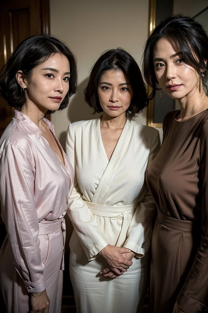 (masterpiece : 1.5), (super detailed : 1.5), (realistic : 1.5), (3 woman : 1.5), (3 woman standing side by side : 1.3), (they are all 66 years old : 1.3), beautiful mother, (wrinkles on her face : 1.2), (smirking : 1.2), (Each has a different hairstyle), (they all are wearing blouse), (in a small room : 1.2), (they all are same height : 1.3), pores, skin blemishes, fleckles, realistic detailed skin, (face focus : 1.1)
