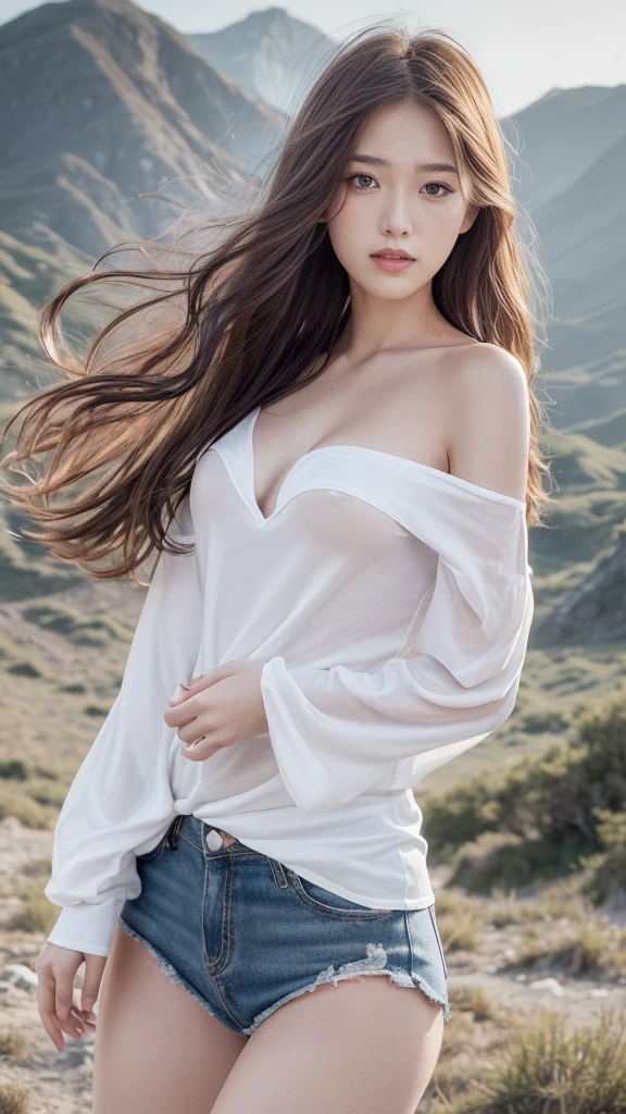(( Realistic light, Best quality, 8k, Masterpiece :1.3)), 1girl, small mole under eyes, smile, closed eyes, small moles on the breast, Pretty woman with slender figure :1.4, abs :1.1, korean, pale-skin, (floatingwavy silk-brown hair, floating hair by wind, big_breasts :1), (deep_cleavage), white offshoulder shirt:1.2, long sleeves wet by wind, (sweaty skin:1.3), standing, night in the mountain, campfire light, Ultra-detailed face, Detailed eyes, Double eyelid, shiny skin, cowboy shot