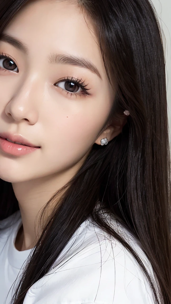 18 year old Japanese female、Wearing a white shirt、Medium-long straight black hair、Highly detailed face,round face、 Lips Detail,,Big eyes、double eyelid, Detailed black eyes,Thin lips、 Very beautiful face、current eyes, Beautiful Eyes, (Real Skin), Beautiful Skin, Ultra-high resolution、Facing forward and gazing at me、smile、