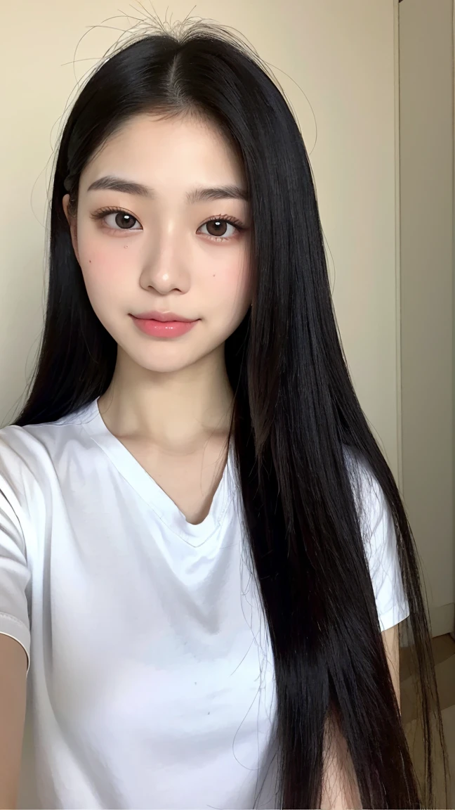 18 year old Japanese female、Wearing a white shirt、Medium-long straight black hair、Highly detailed face,round face、 Lips Detail,,Big eyes、double eyelid, Detailed black eyes,Thin lips、 Very beautiful face、current eyes, Beautiful Eyes, (Real Skin), Beautiful Skin, Ultra-high resolution、Facing forward and gazing at me、smile、