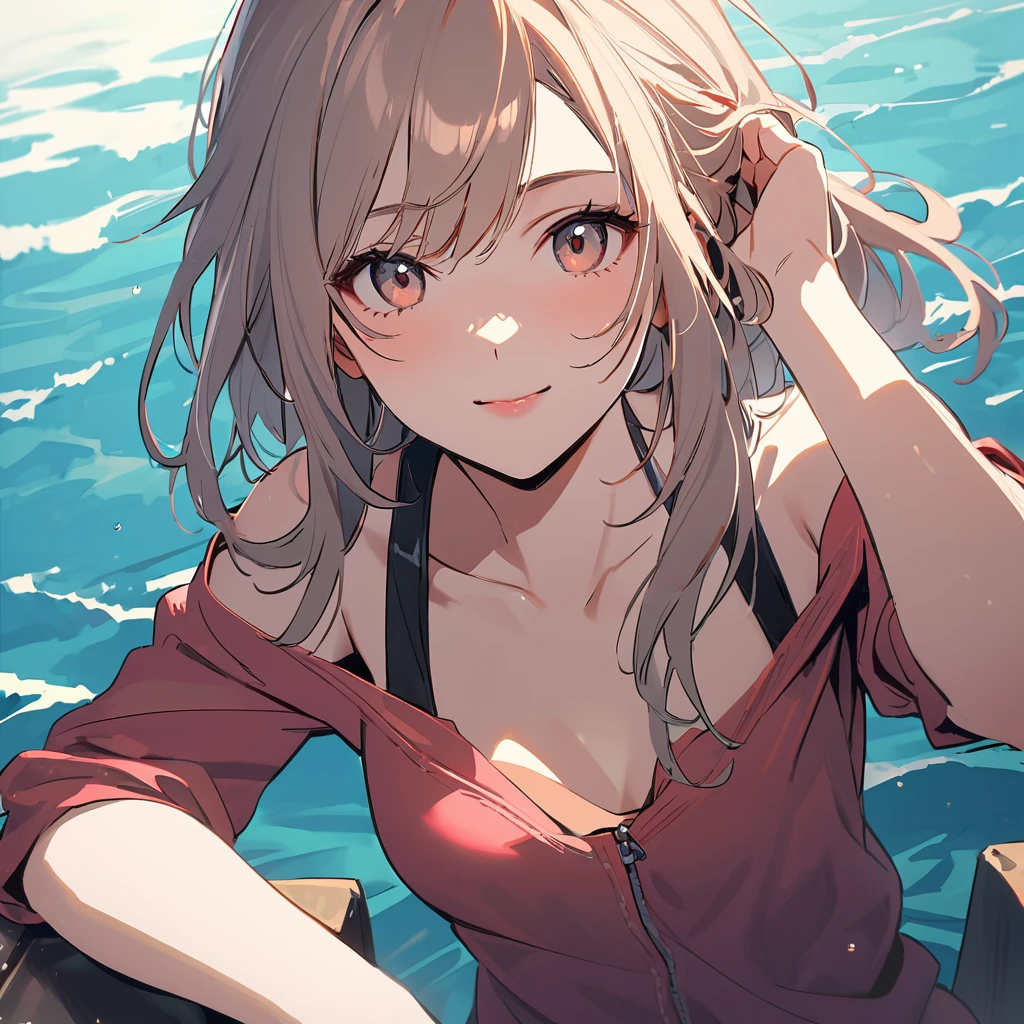 (best quality, masterpiece, ultra highres, ultra-detailed:1.2) ,anime girl walking on water,calm wave,summer sea,happily expression,hands in my pocket,refreshing breeze,seagull,cumulonimbus,Sunny,(artgerm and atey ghailan, artstyle : ilya kuvshinov), 