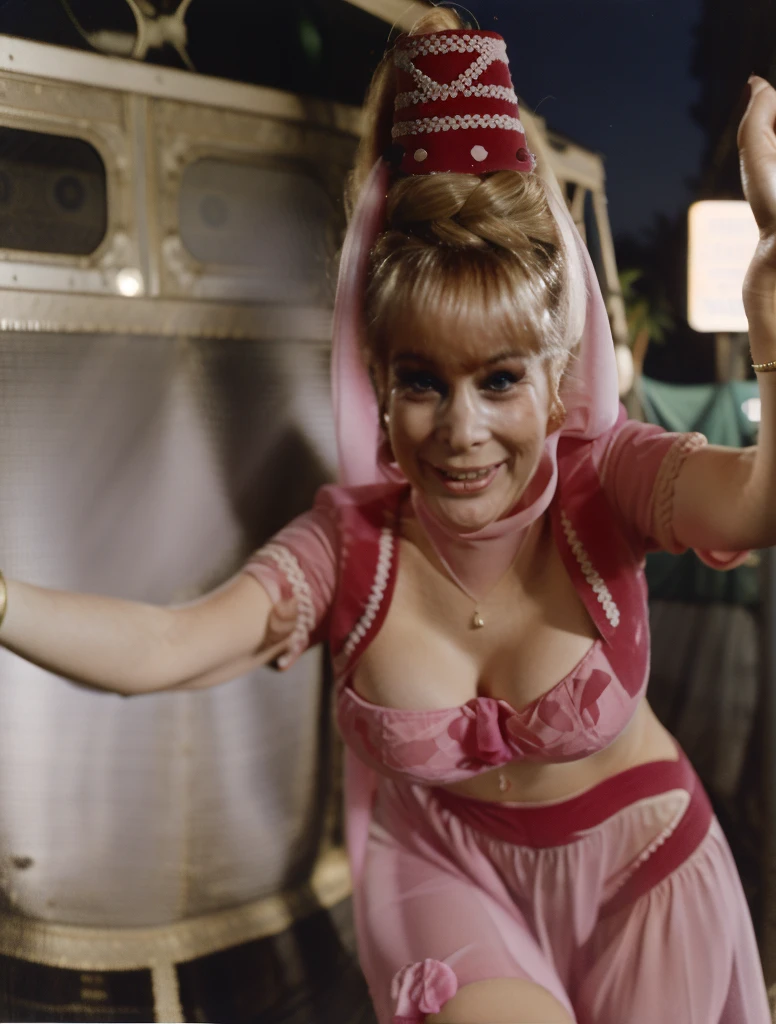 (masterpiece), best quality, expressive eyes, perfect face, drunk, massive tits massive tits drunk slutty I dream of jeannie staggering down sidewalk late at night, swaying, stumbling, losing her balance, drunk facial expressions, pink harem outfit, drunk gestures, swaying drunkenly