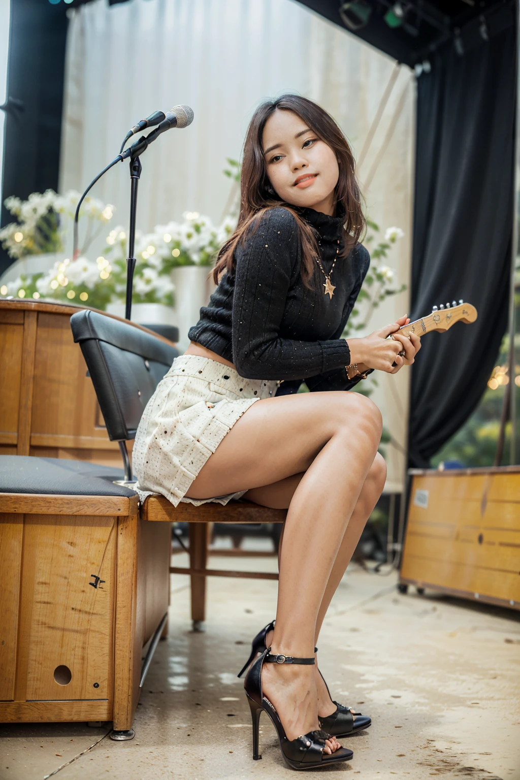 masterpiece, best quality, ultra detailed, high resolution, 1 girl, ((pretty lady MoonLay)), Burmese girl, ((pretty lady MoonLay's seductive sweet face with sweet smile:1.2)), ((playing guitar:1.6)), ((singing with confident)), ((electric guitar:1.2)), ((stage background:1.5)), golden hour setting, 8k, (black sweater turtleneck tight blouse), ((many white flowers pattern printed on black mini tight skirt:1.2)), (sitting on stylish stage stool), (((crossing legs:1.1))), (stiletto high heel), ((full body tilted side angle front view:1.5)), ((blur background with star shaped bokeh effect to highlight portrait better:1.2)), (vibrant HDR lighting),