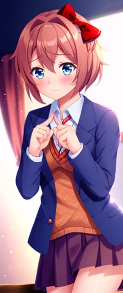 one girl, Sayori, DDLC, Doki Doki Literature Club, hair bow, school blazer, light blue eyes, index fingers together, shy, blush