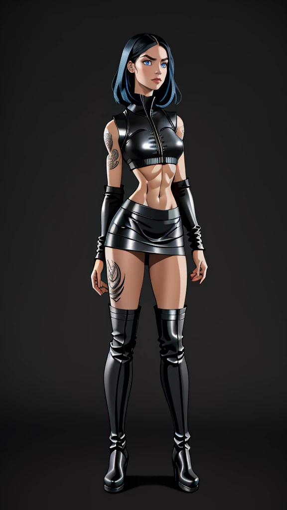 beautiful girl, ((standing:1.4)), (intense gaze:1.1), full body, short bright neon streaked black hair, ((realistic highly detailed eyes:1.4)), ((seductive pose:1.2)), fit, Athletic, lean, slender abs, black eyeshadow, (street style wear:1.2), ((short skirt)), ((knee high leather boots)),((light plain background:1.4)), dark makeup, digital art, trending on artstation, highly detailed, fine detail, intricate, detailed facial features, sharp focus, smooth, aesthetic, tattoos