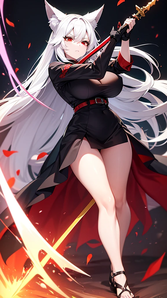 An adult woman, half fox and wolf, white hair, red eyes, large breasts, very angry, in a black dress, holding a one sword