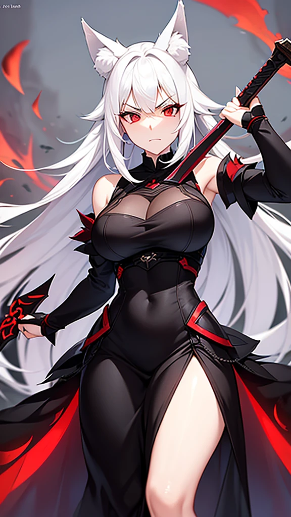 An adult woman, half fox and wolf, white hair, red eyes, large breasts, very angry, in a black dress, holding a one sword