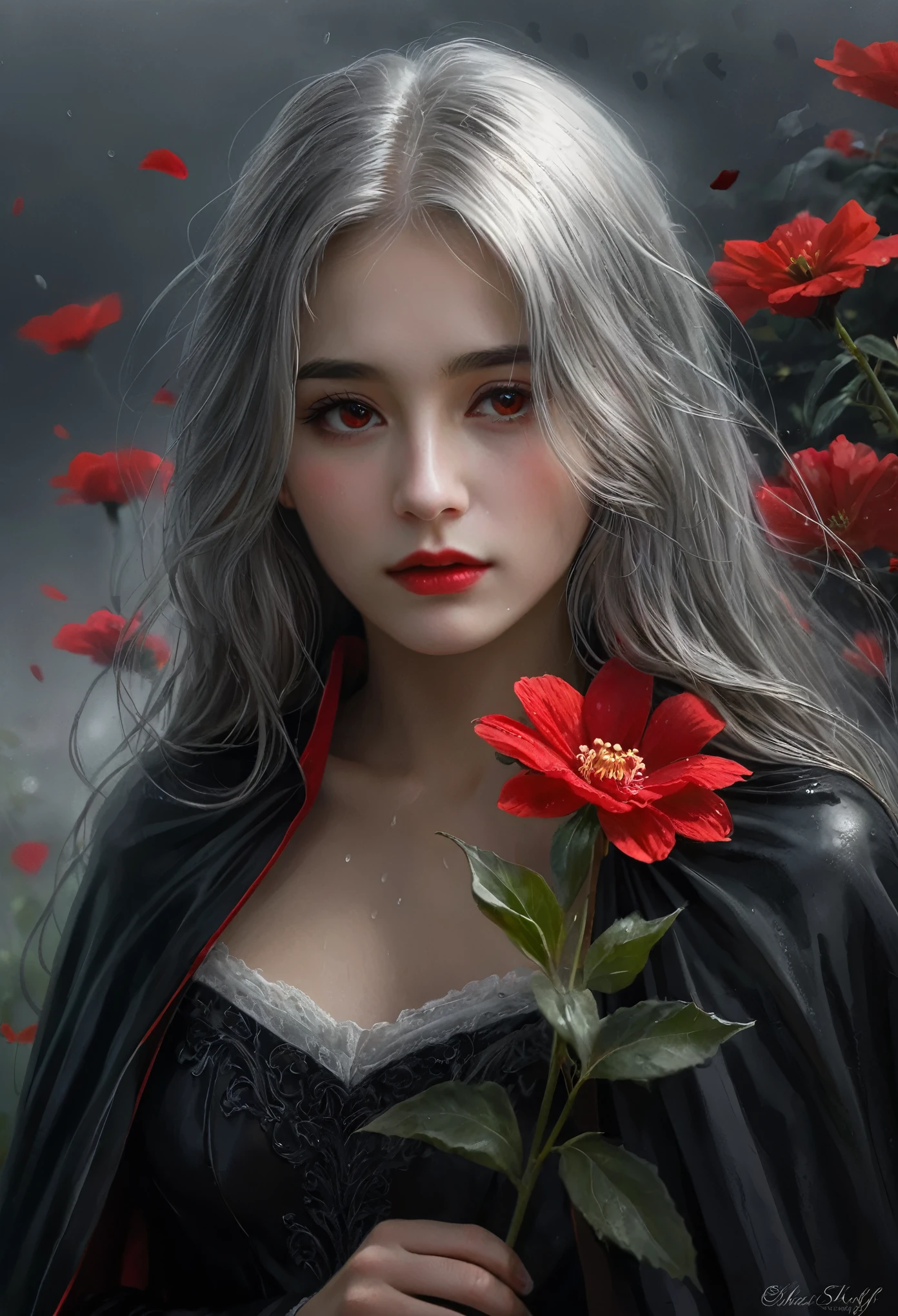 One girl,alone,One girl,alone,((Beautiful attention to detail)), (Detailed light), Depth of written boundary,(Gray Hair), Silver Eyes, Hair on one eye,(Red flower), Hair Flowers, long Hair, Black Cape, a litle wet, emotionless, Recall, night, Starfall, it is foggy, fog, Red flowers falling, sketch, Upper Body, Strong Shadows,