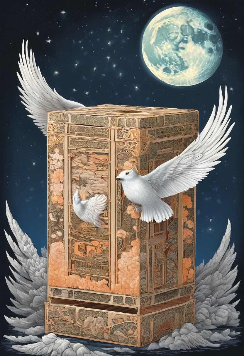 Huge tissue box,Background with full moon,((Huge white wings))Fly in the air, author:Ghana trip, Tigre, Traditional Japanese concept art, Three 0, Huge tissue box, Highly detailed official artwork, Large tube wood peach style, Full-color digital illustrations, Inspired by Roma, author:Li Kan, The numbers are very detailed, A beautiful artistic illustration