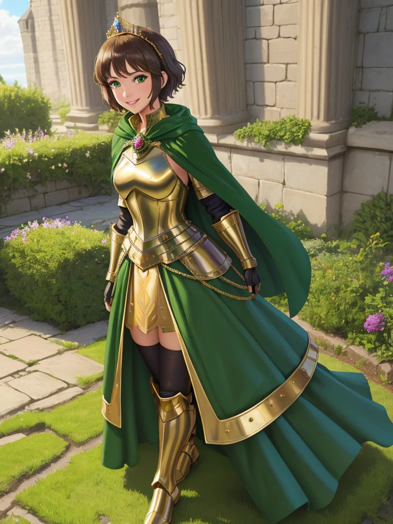 masterpiece, best quality:1.2), 1girl, smile, looking at viewer, green eyes, short brown hair, princess, armor, , pauldrons, armored dress, green cloak cape, wearing puffy blue ballgown skirt, golden tiara with green gem, armored boots, fingerless gloves, standing in medieval garden