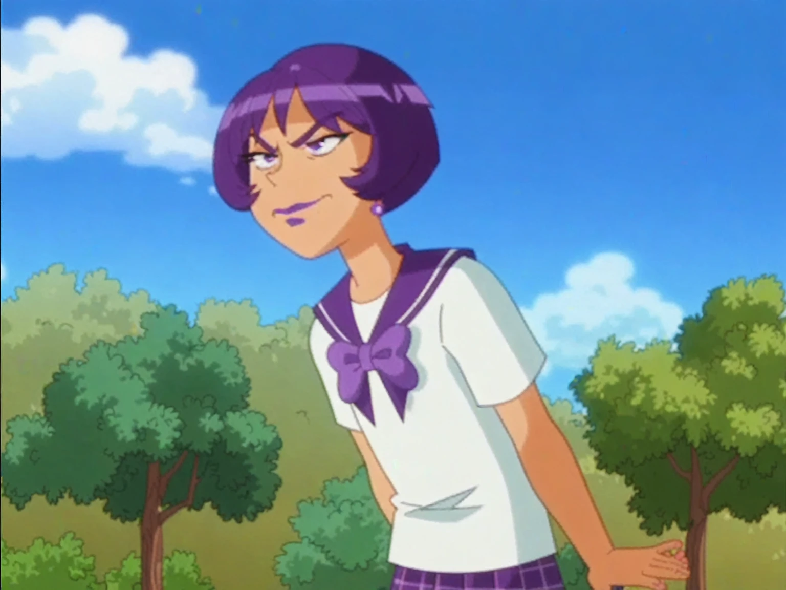 score_8_up,score_7_up, BREAK, screencap, solo, purple hair, teenager, short hair, purple eyes, larger breast, purple eyelids, purple eyebrows, large breast, purple lipstick, cellphone, purple purse, purple visor, short sleeve, white shirt with 3 buttons collar, purple plaid pleated skirt, white socks, purple and white tennis shoes, purple bracelet, purple earrings 