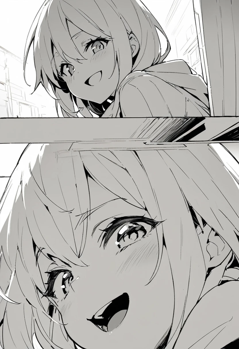 best quality , monochrome, lineart, 1girl, , smile, looking at viewer,open mouth,white background oldest, comic
