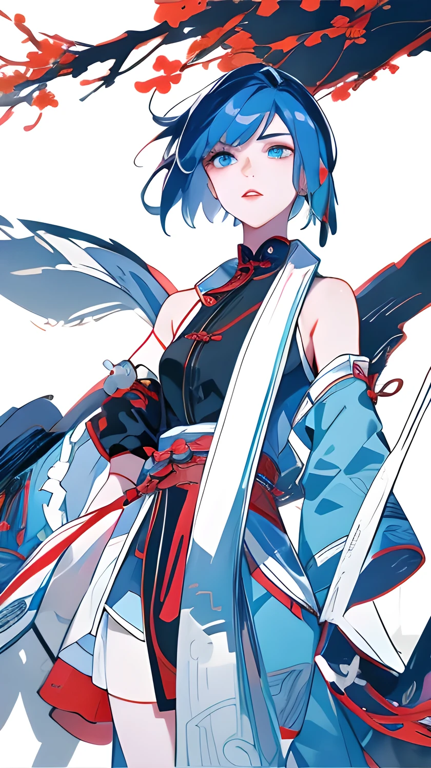 Masterpiece, Best quality, 1 Ji Ruxue, the expression is cold, strong, blue eyes, short hair, wolfcut hairstyle, smoky mix blue color hair, resolute eyes, red lips, simple Taoist Taoist uniform, Chinese mix morden, frontal photo, black or white background, simple background, anime, illustration, Chinese style short-sleeved shirt, cool girl, Full body frontal photo, full HD