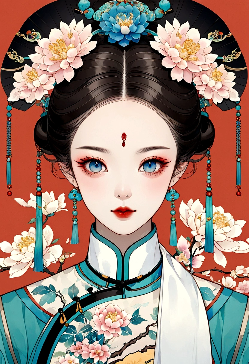 Procreate board drawing beautiful digital art，Clean lines，Beautiful Chinese Qing Dynasty Princess，Bright Eyes，Exquisite facial features，(((Qing Dynasty Gaoqitou，Flowers)))，symmetry，（Qing Dynasty Clothing，White scarf）Handheld tuan fan，Bright colors，High Saturation，Solid red background，Medium shot