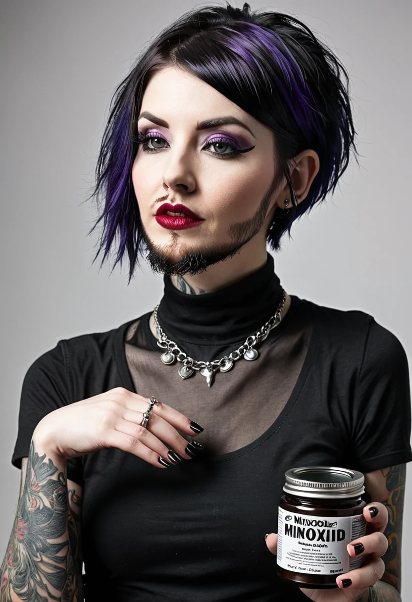 bearded woman, short hair, punk goth style, receives a jar of minoxidil