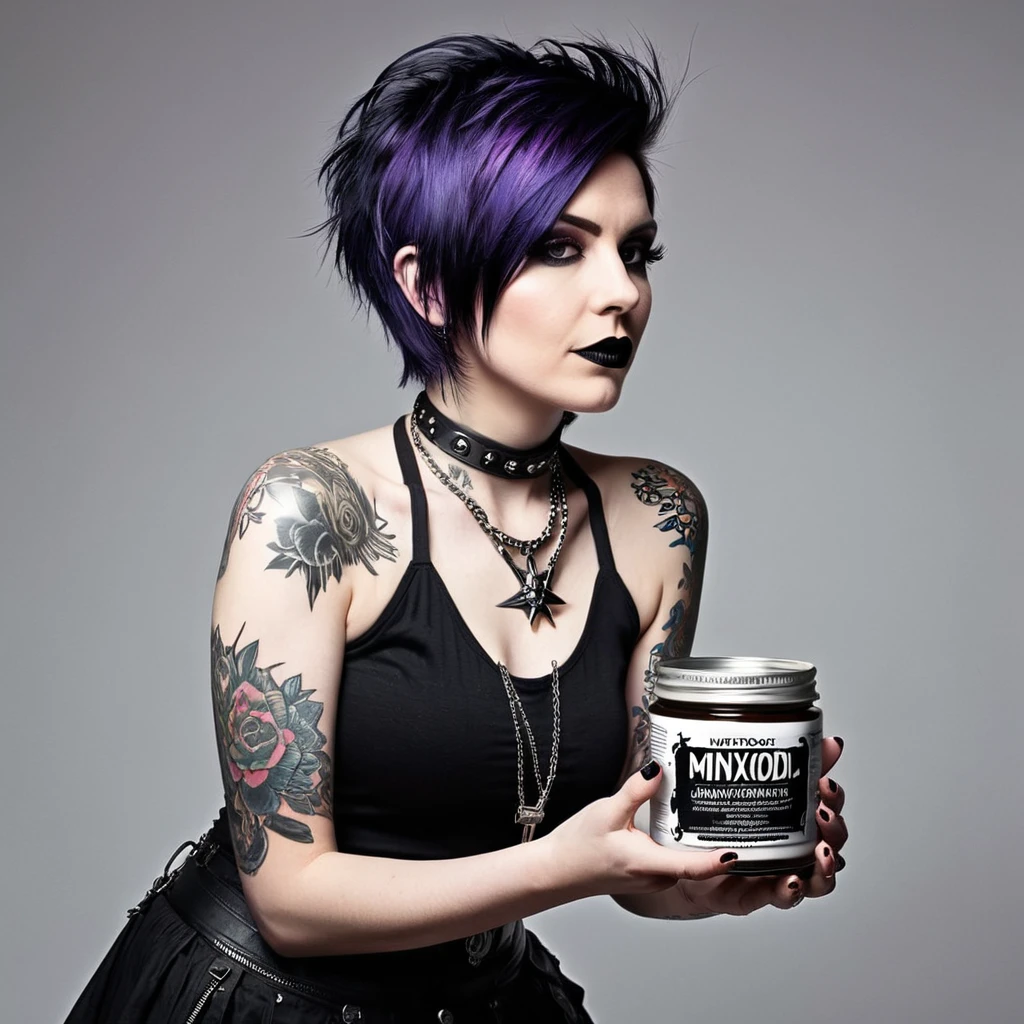 bearded woman, short hair, punk goth style, receives a jar of minoxidil