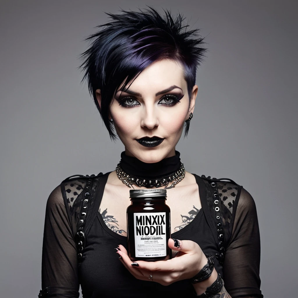 bearded woman, short hair, punk goth style, receives a jar of minoxidil