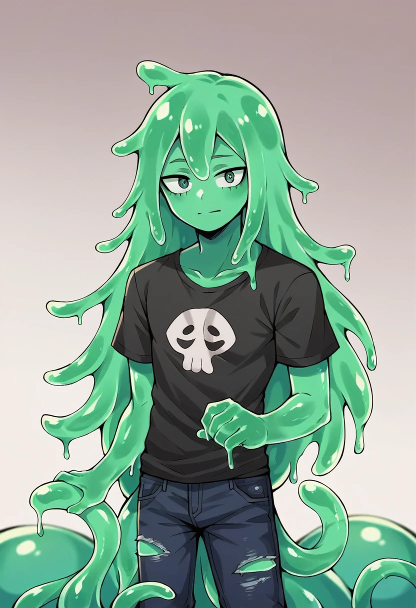 score_9, score_8_up, score_7_up, score_6_up, score_5_up, score_4_up, source_anime, 1Boy, slime Boy, Blue skin, Punk style, Long hair with green tips, tentacles, slime tentacles, slime boy, solo, slimegirlsfw, slime boy, gothic fashion, emo fashion, ripped jeans, slimeboy, my hero academia, tentacles, school, depth of field, LUT, detailed, handsome, cute slime boy. My hero academia school, Tentacle tail. 