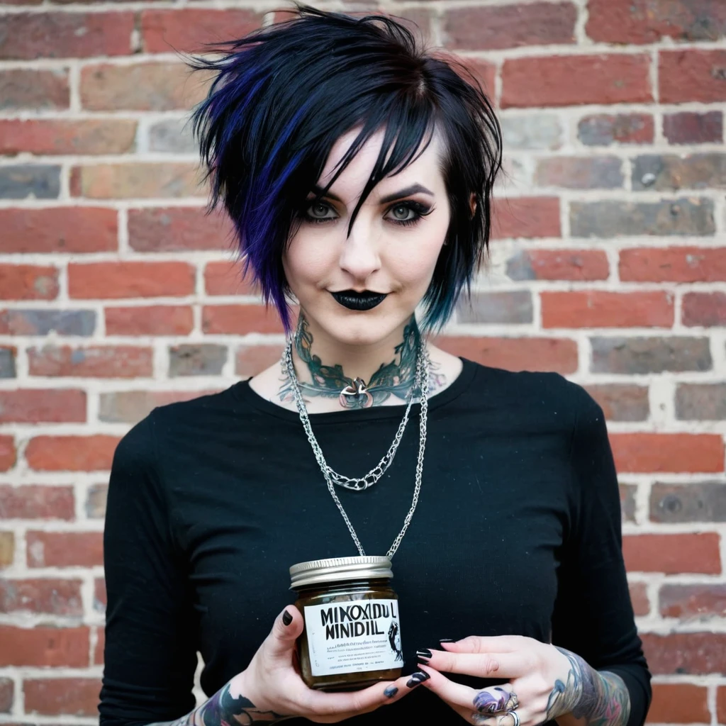 bearded woman, short hair, punk goth style, receives a jar of minoxidil