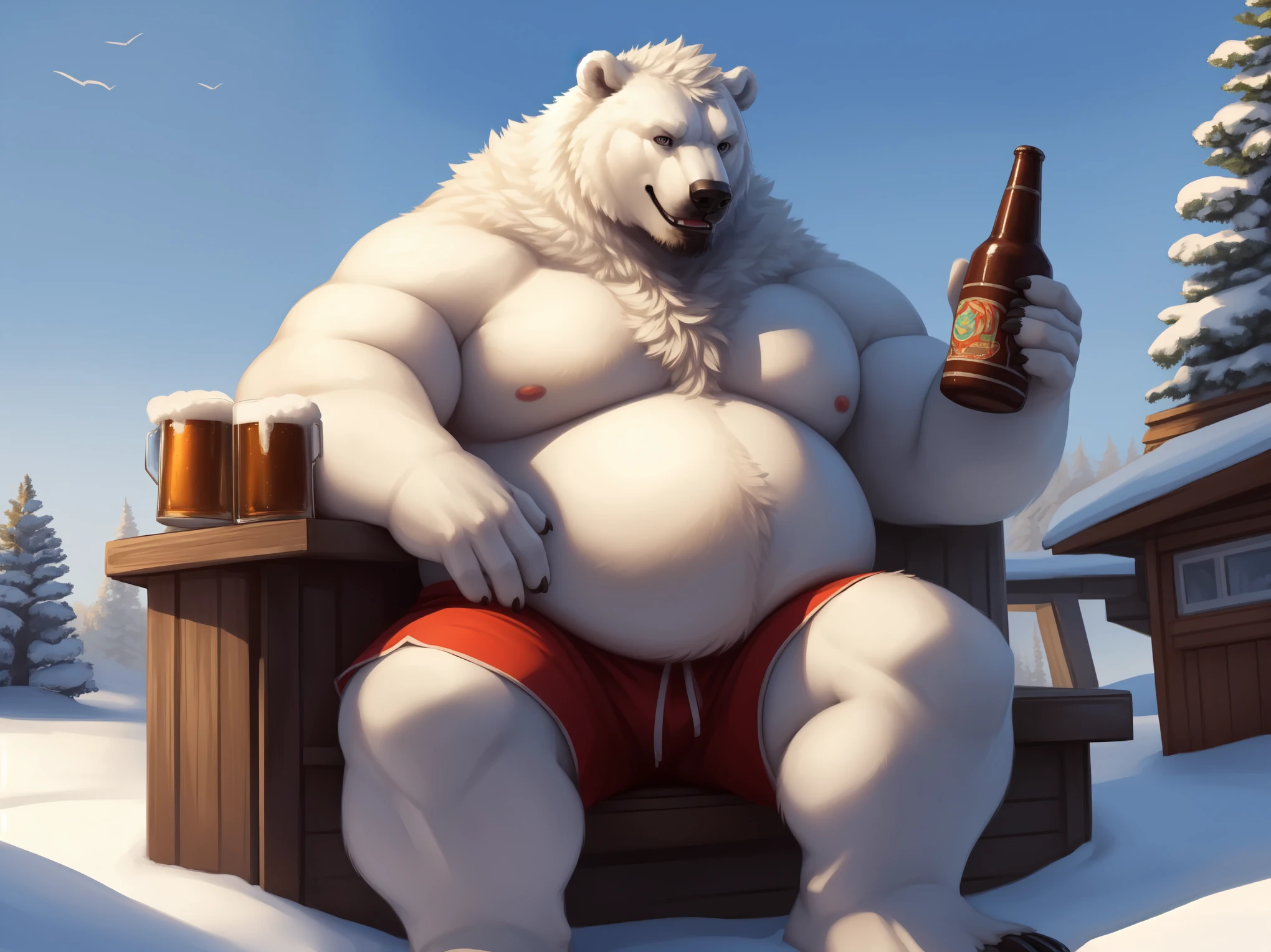 lucusold, lanxus, a man with a huge belly, furry white bear, polar bear, fat ripped:1.2, chubby, more chubby, smile, sitting in front house, Atlantic, snow, beer, muacular, pectoral, holding beer, thicc, lowres, giant and fat, danbooru and artstation, heavy detailed, insanely inflated hips, topless, shorts, proportionally arms, fluffy chest, commission for high res, detailed but rough, semirealistic:1.3