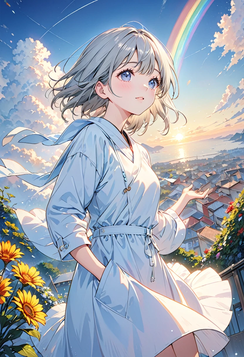 Angelic, detailed woman, sunrise, rainbow, After the Rain, horizon, In the sky, city , Lens flare, colorful,coat, Put your hands in your pockets,(student, 18-year-old, ＪＫ, Her short silver hair sways, Pale skin,) Look up at the sky, Beautiful sky, The scenery is beautiful., 広いLook up at the sky, Colorful summer flowers are blooming everywhere., I see the wind blowing and shining, In the skyは正午の月と正午の星がある,From below, break ,quality(8K,非常に精細なCGユニットのwallpaper, masterpiece,High resolution,top-quality,top-quality real texture skin,Surreal,Increase the resolution,RAW Photos,最高quality,Very detailed,wallpaper,Cinema Lighting,Ray Tracing,Golden Ratio),Have a long-term perspective