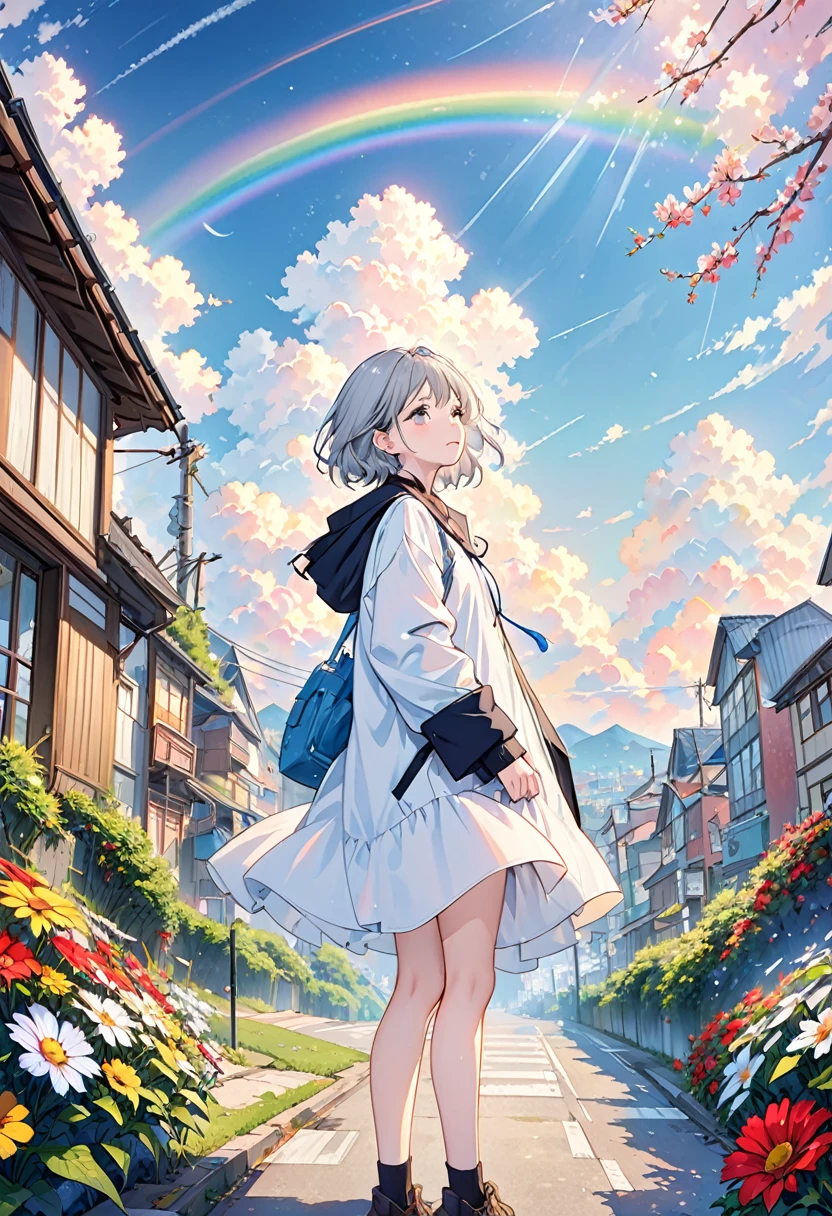 Angelic, detailed woman, sunrise, rainbow, After the Rain, horizon, In the sky, city , Lens flare, colorful,coat, Put your hands in your pockets,(student, 18-year-old, ＪＫ, Her short silver hair sways, Pale skin,) Look up at the sky, Beautiful sky, The scenery is beautiful., 広いLook up at the sky, Colorful summer flowers are blooming everywhere., I see the wind blowing and shining, In the skyは正午の月と正午の星がある,From below, break ,quality(8K,非常に精細なCGユニットのwallpaper, masterpiece,High resolution,top-quality,top-quality real texture skin,Surreal,Increase the resolution,RAW Photos,最高quality,Very detailed,wallpaper,Cinema Lighting,Ray Tracing,Golden Ratio),Have a long-term perspective