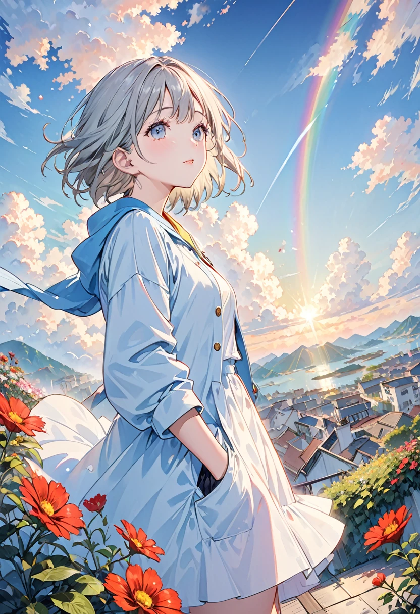 Angelic, detailed woman, sunrise, rainbow, After the Rain, horizon, In the sky, city , Lens flare, colorful,coat, Put your hands in your pockets,(student, 18-year-old, ＪＫ, Her short silver hair sways, Pale skin,) Look up at the sky, Beautiful sky, The scenery is beautiful., 広いLook up at the sky, Colorful summer flowers are blooming everywhere., I see the wind blowing and shining, In the skyは正午の月と正午の星がある,From below, break ,quality(8K,非常に精細なCGユニットのwallpaper, masterpiece,High resolution,top-quality,top-quality real texture skin,Surreal,Increase the resolution,RAW Photos,最高quality,Very detailed,wallpaper,Cinema Lighting,Ray Tracing,Golden Ratio),Have a long-term perspective