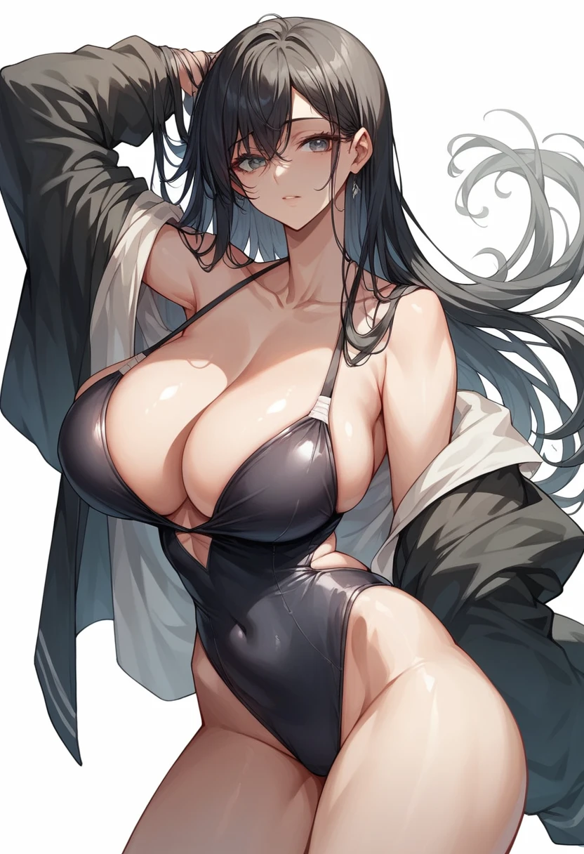 masterpiece,Highest quality,High resolution,shape,Very detailed,8k CG wallpaper,One Girl,Ray Tracing,Beautiful breasts,Long black hair, Black oversized swimsuit,White background,Big Breasts,Hide breasts,