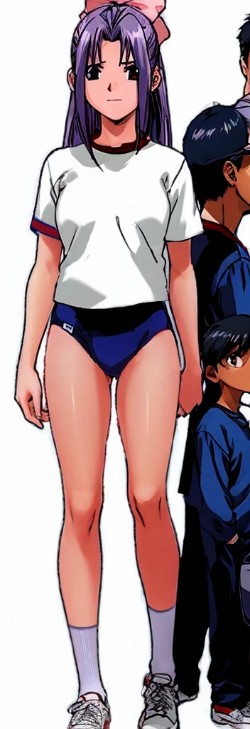 Momoko Koigakubo, a tall girl with beautiful legs, is standing with a smile on her face in a white gym uniform and light navy blue bloomers that look like panties.。Momoko Koigakubo is holding a young boy wearing a tracksuit。