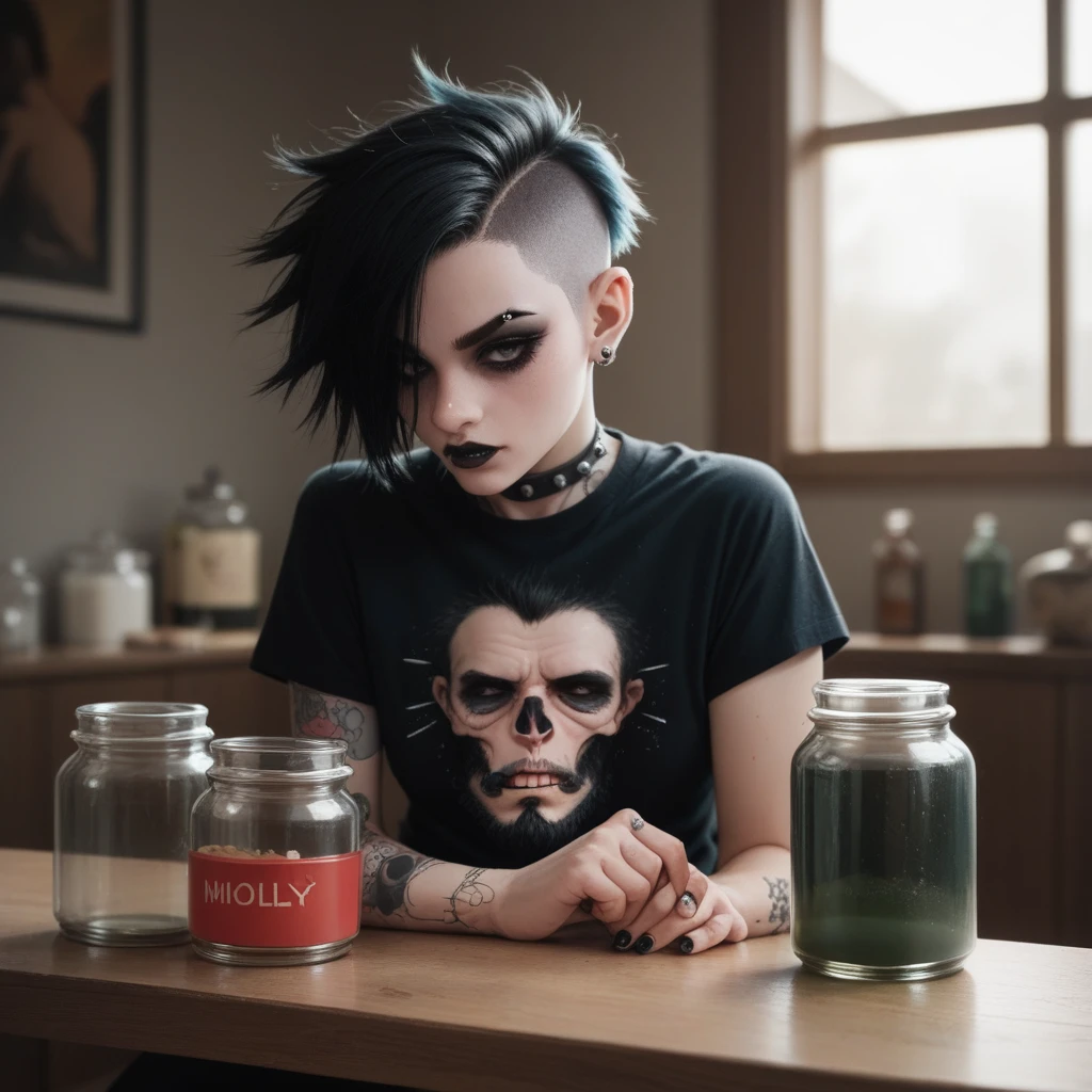 bearded woman, short hair, punk goth style, receives a jar of minoxidil