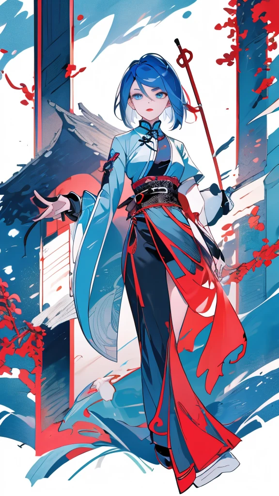 Masterpiece, Best quality, 1 Ji Ruxue, the expression is cold, strong, blue eyes, short hair, wolfcut hairstyle, smoky mix blue color hair, resolute eyes, red lips, simple Taoist Taoist uniform, Chinese mix morden, frontal photo, black or white background, simple background, anime, illustration, Chinese style short-sleeved shirt, cool girl, Full body frontal photo, full HD